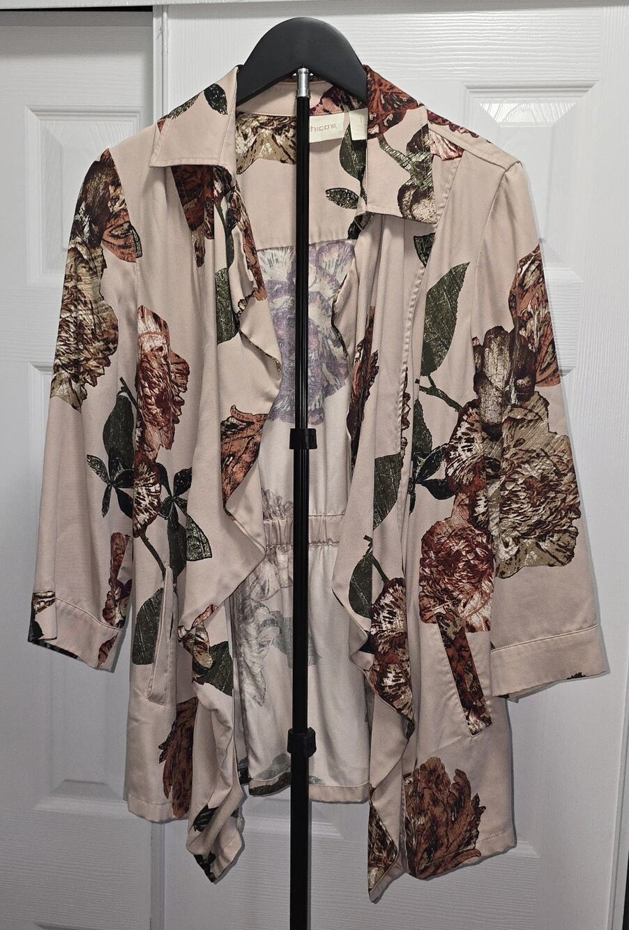 Chico's Dusty Rose Pink Open Draped‎ Jacket Size 1 (US 6-8) Floral Jacket Fall